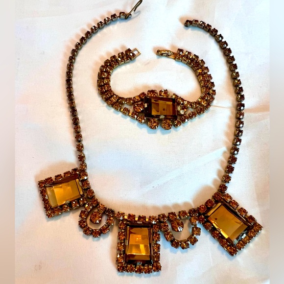 Vintage Necklace Bracelet Set Amber Glass & Rhinestone Rectangular - Picture 5 of 17